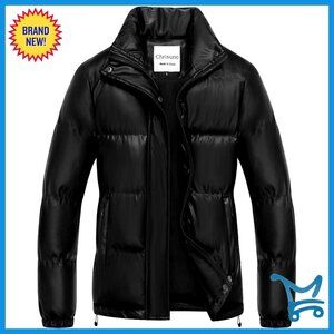 Women's Faux Leather Puffer Jacket Fleece Lined Waterproof Winter Coat